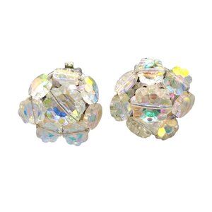 Vintage Flower Shaped Crystal Earrings AB Crystal Clusters